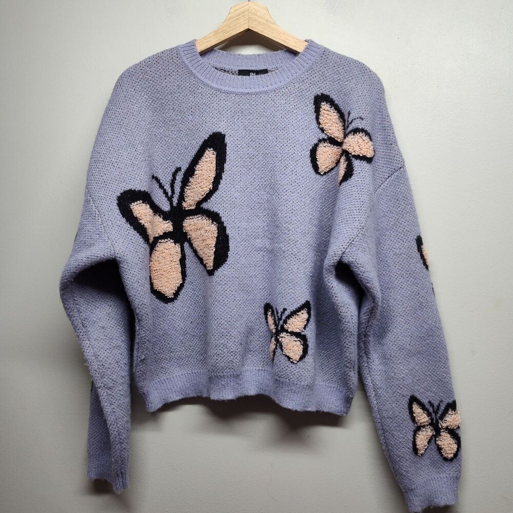 I.N. San Francisco Sweater Women L Purple Butterflies Pastel Y2K Kidcore Girly